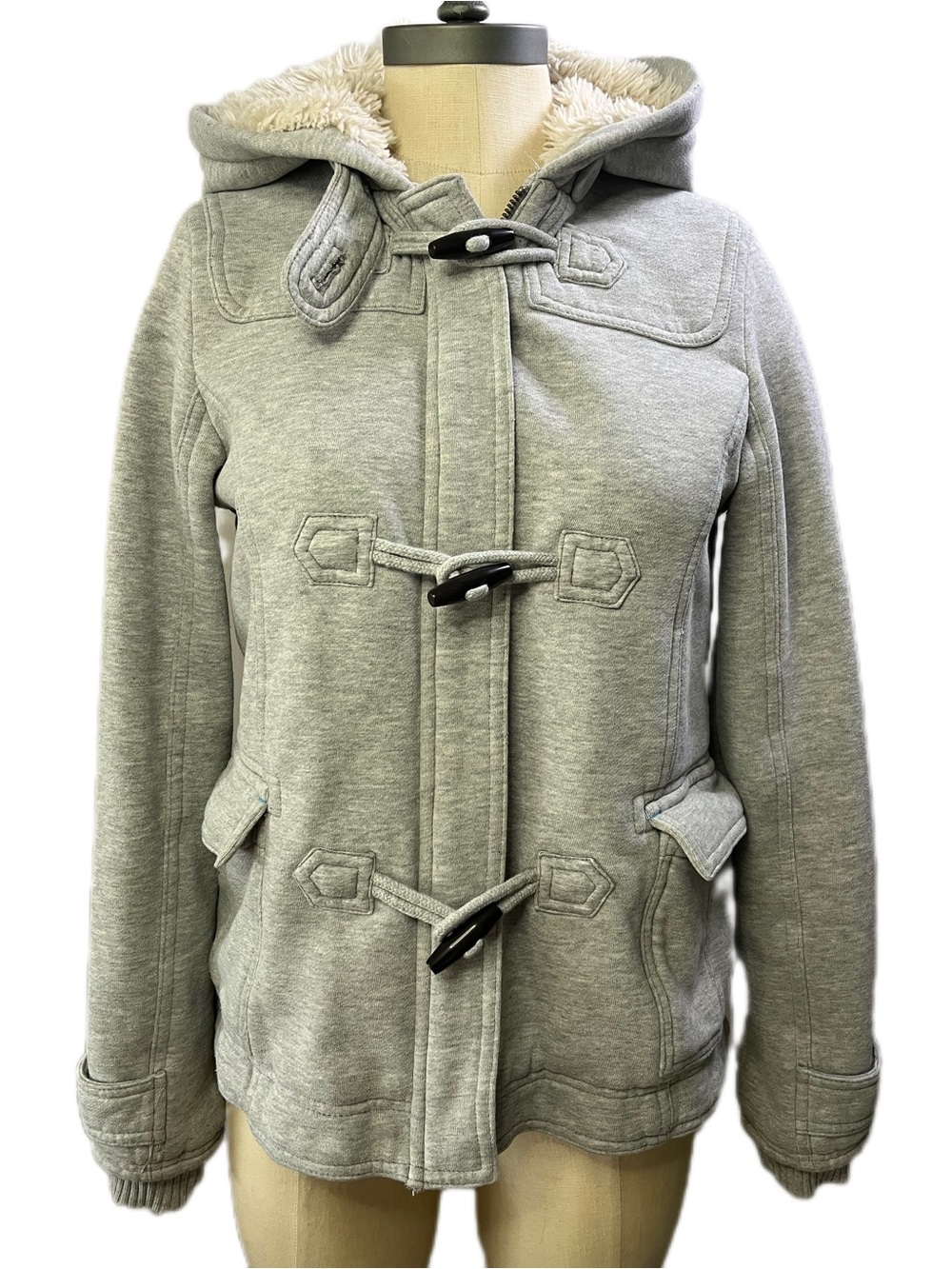 American Eagle Outfitters Vintage Light Gray Hooded Toggle Fleece Jacket